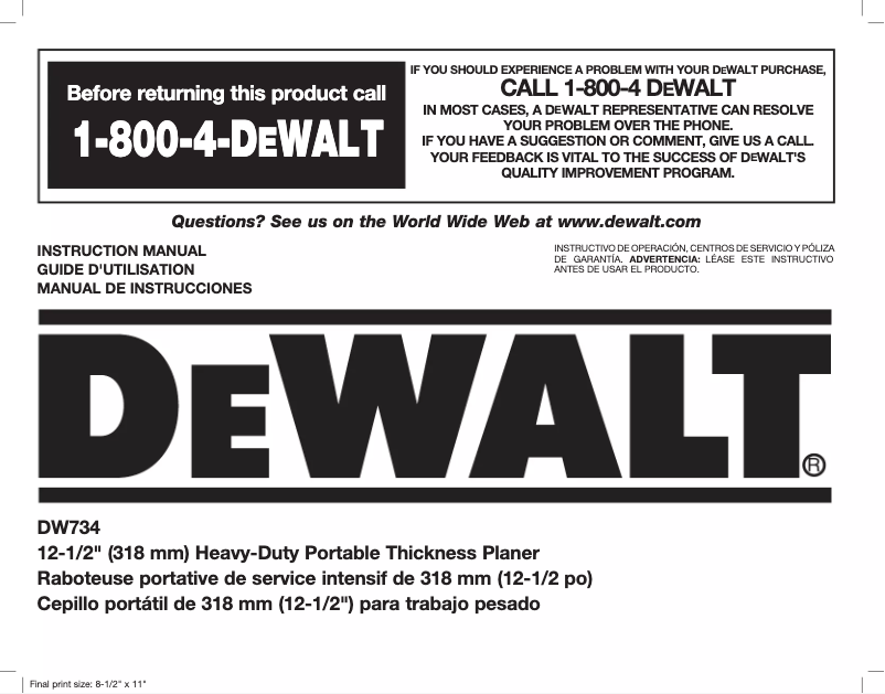 Page 1 de la notice Manuel utilisateur DeWalt DW734