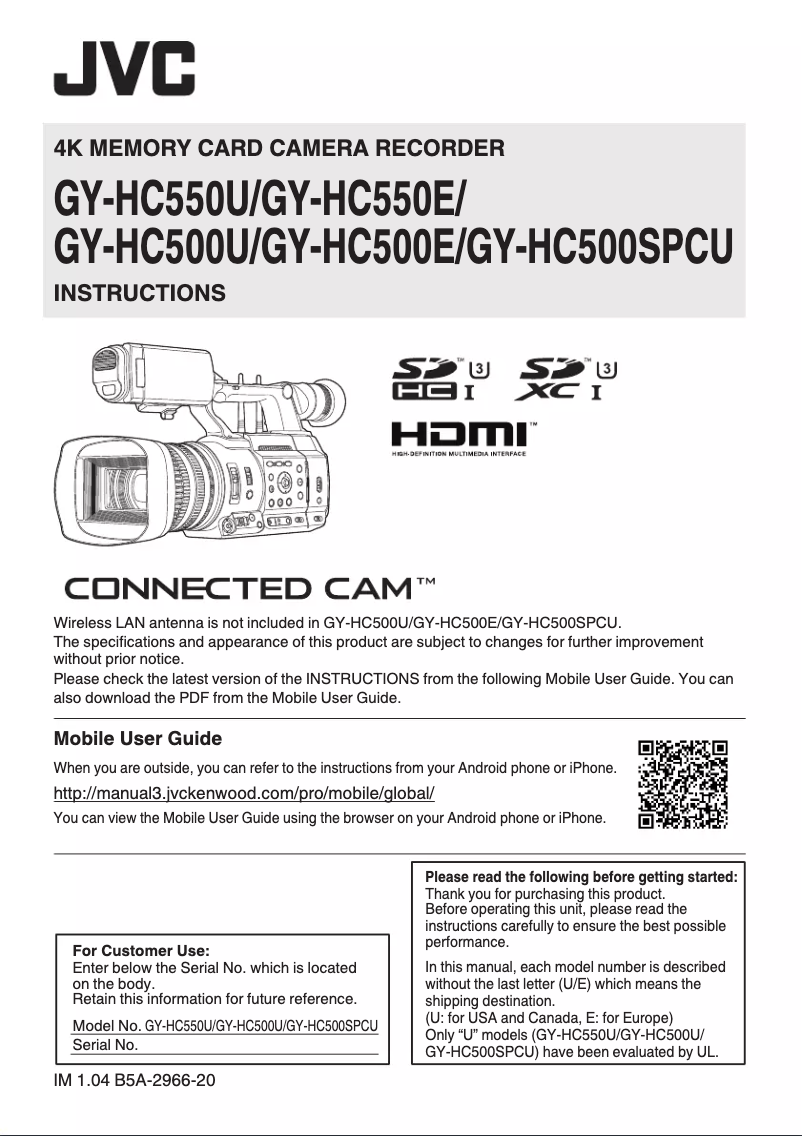 Page 1 de la notice Manuel utilisateur JVC GY-HC550E