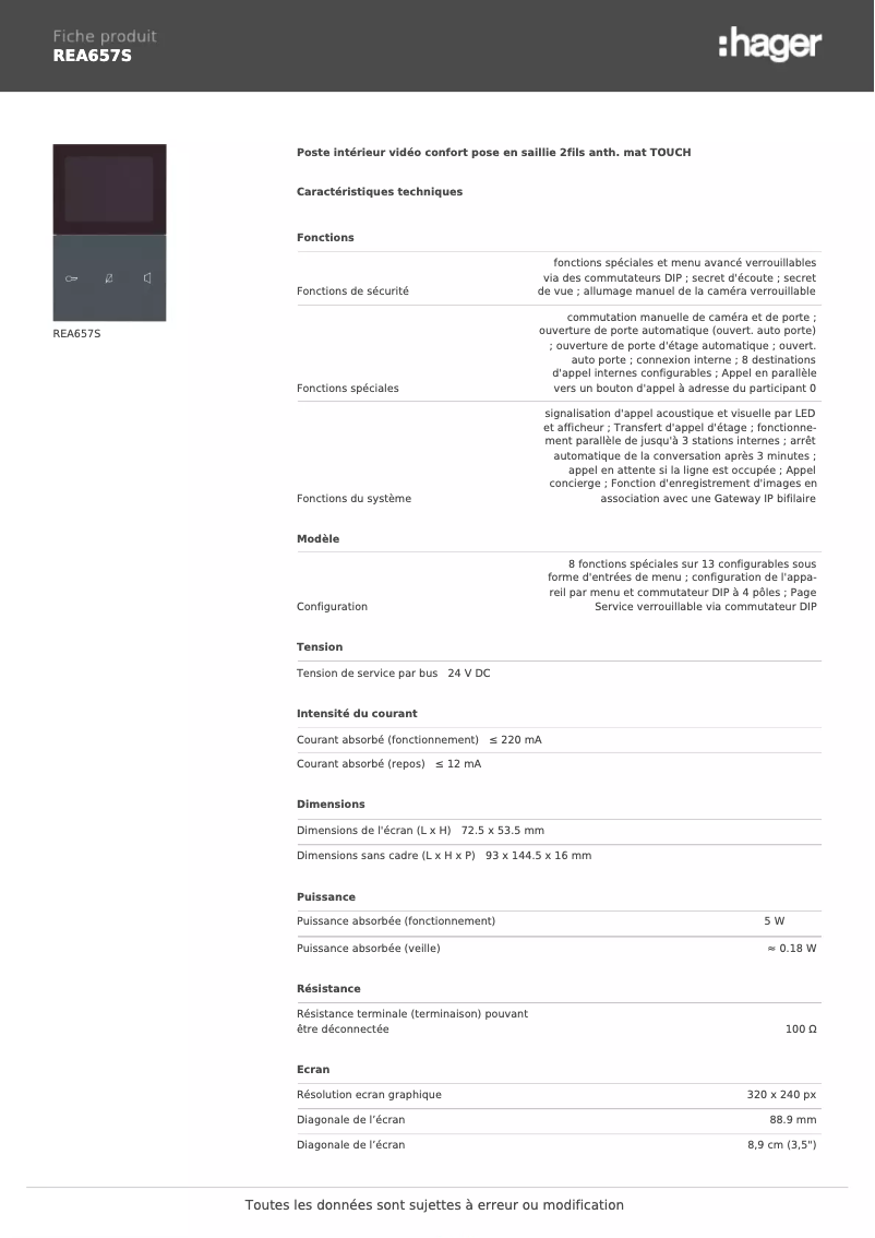 Page 1 de la notice Fiche technique Hager REA657S