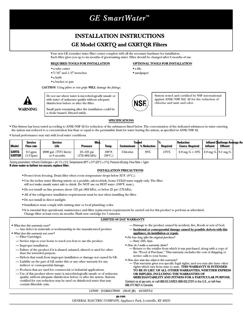 Page 1 de la notice Manuel d'utilisation et d'entretien GE GXRTQ