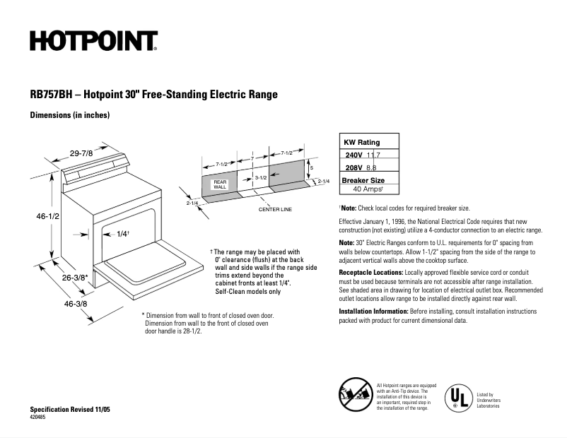 Page 1 de la notice Fiche technique Hotpoint RB757BHWH