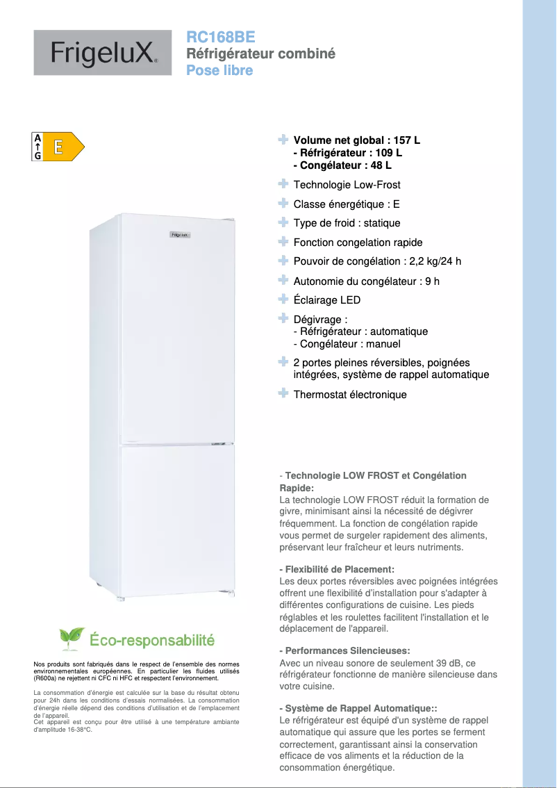 Página 1 del manual Ficha técnica FrigeluX RC168BE