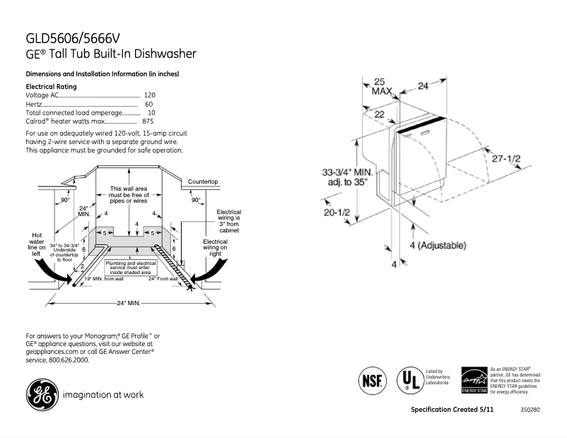 Page 1 de la notice Fiche technique GE GLD5606VCC