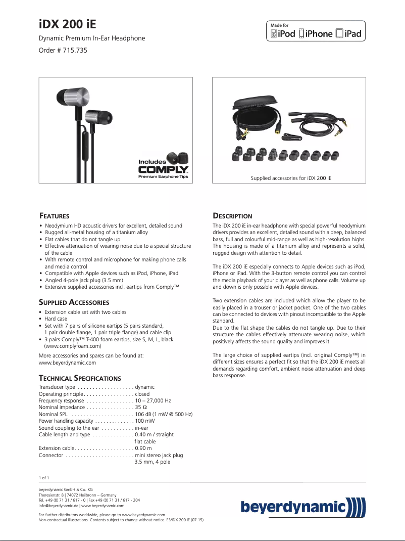 Page n°1 - Manuel utilisateur Beyerdynamic IDX 200 iE