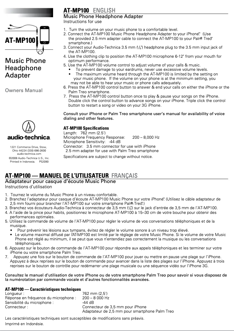 Page 1 de la notice Manuel utilisateur Audio-Technica AT-MP100