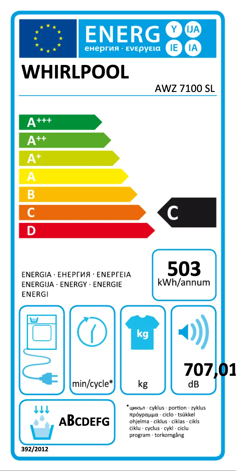 Page 1 de la notice Label énergétique Whirlpool AWZ 7100 SL