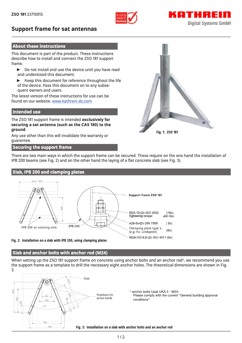 Page 1 de la notice Manuel utilisateur Kathrein ZSO 181