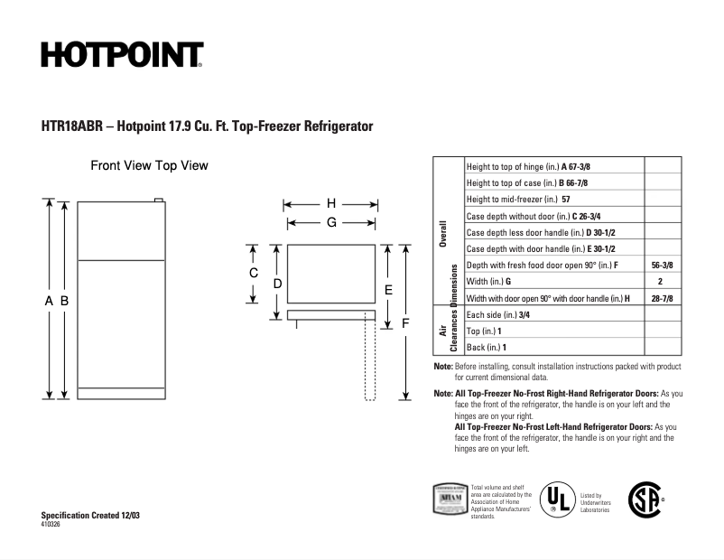 Page 1 de la notice Fiche technique Hotpoint HTR18ABRWW