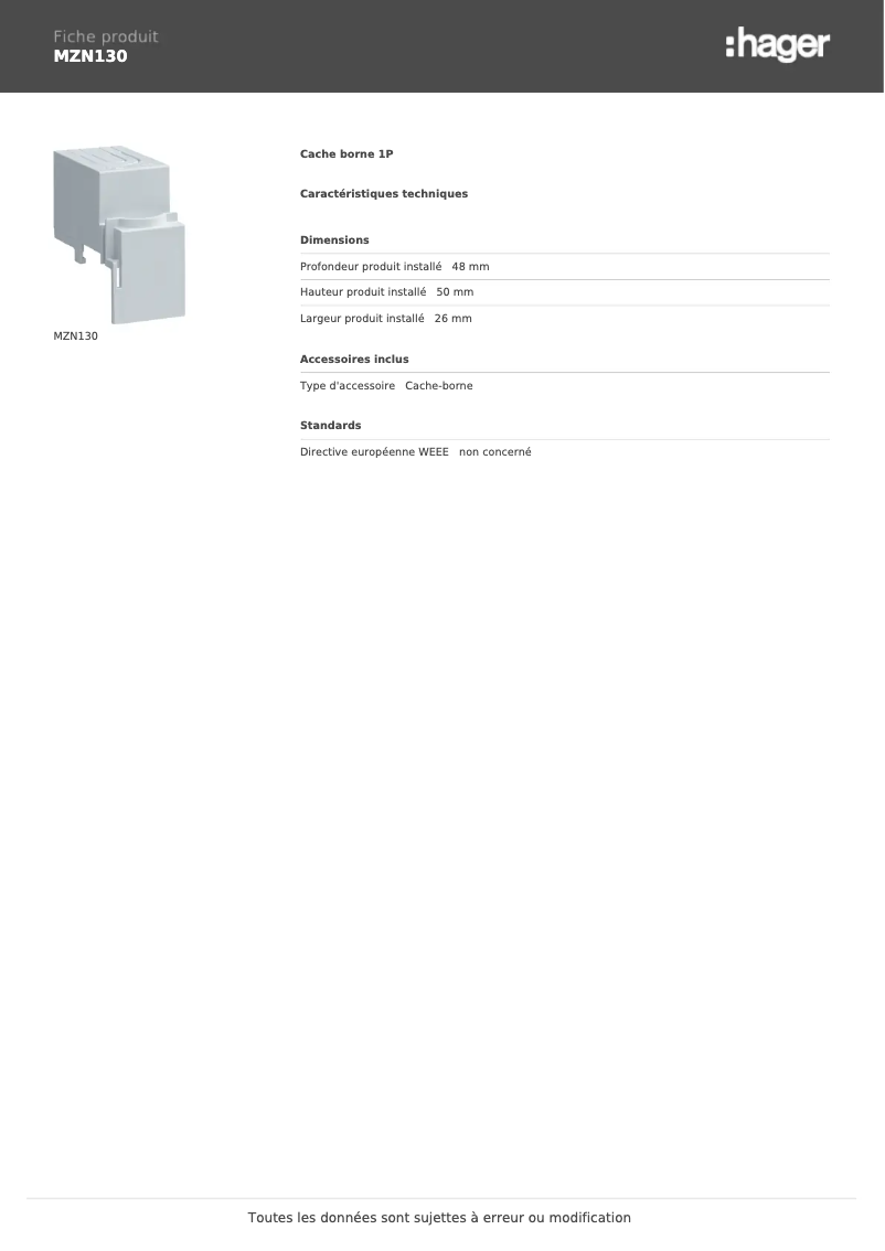 Page 1 de la notice Fiche technique Hager MZN130