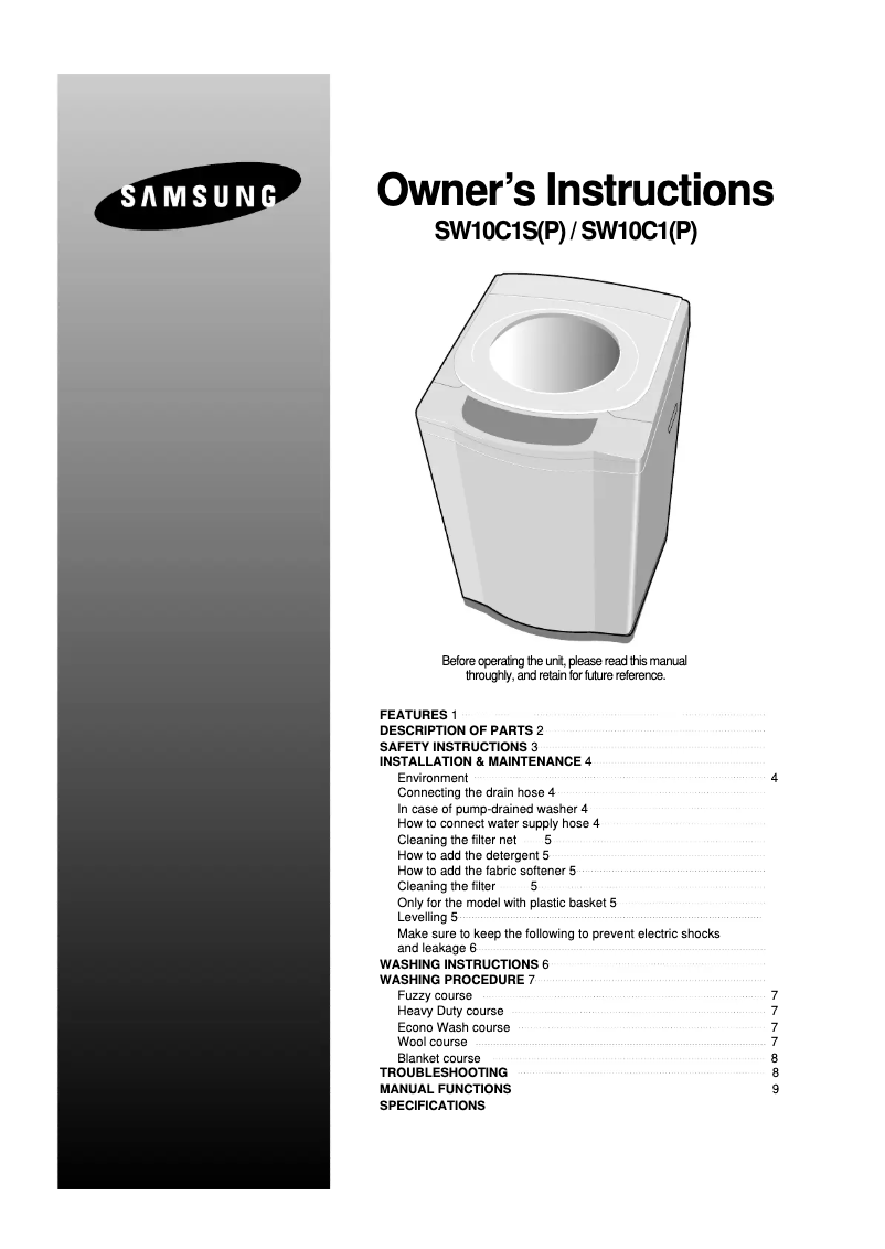Page 1 de la notice Manuel utilisateur Samsung SW10C1S