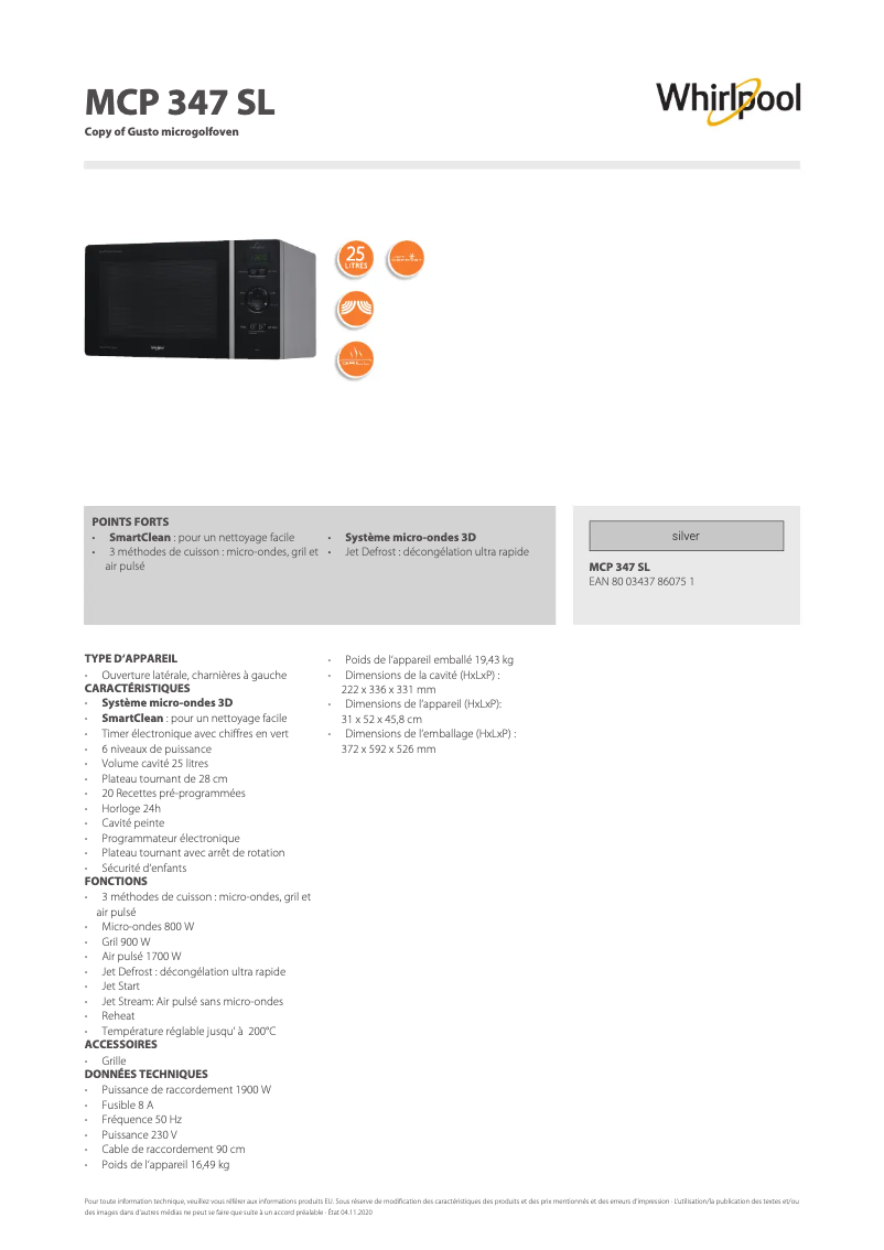 Page 1 de la notice Fiche technique Whirlpool MCP 347 SL