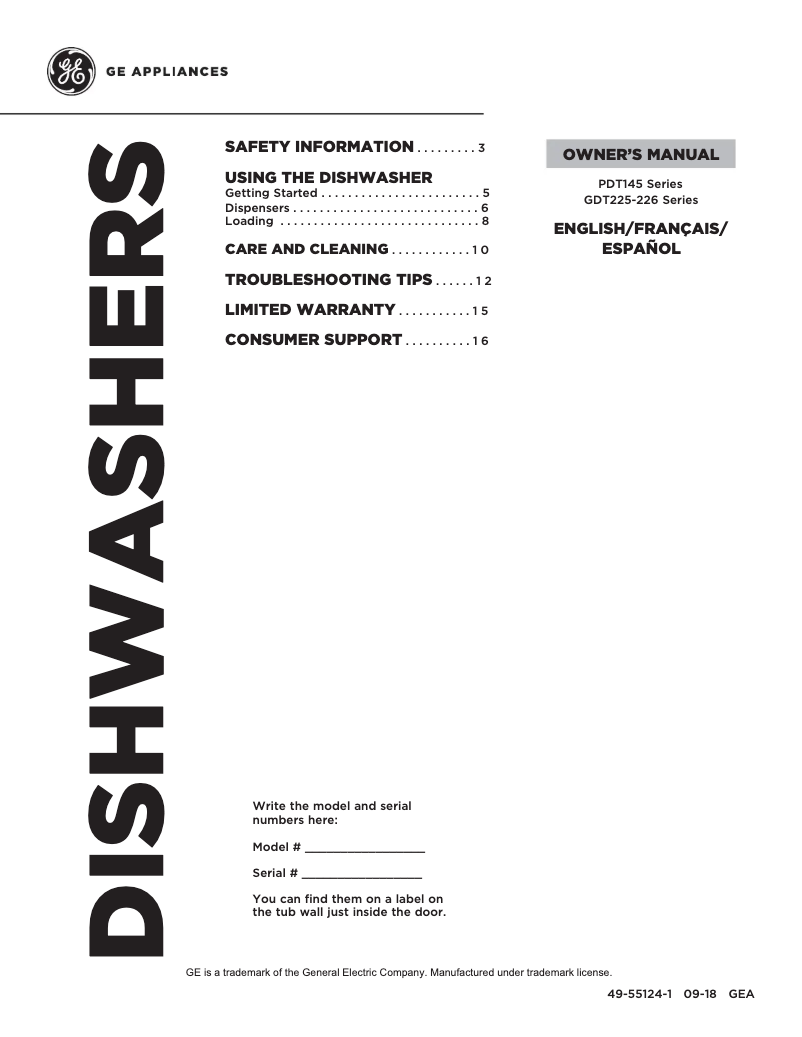 Page 1 de la notice Manuel utilisateur GE GDT226SSLSS
