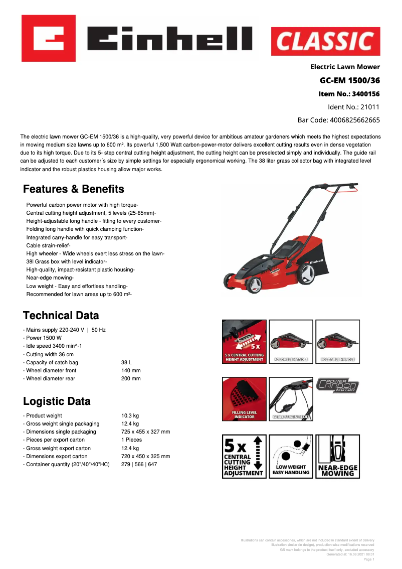 Page n°1 - Fiche technique Einhell GC-EM 1500/36