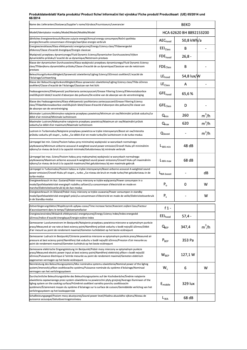 Page 1 de la notice Fiche technique Beko HCA62620BH