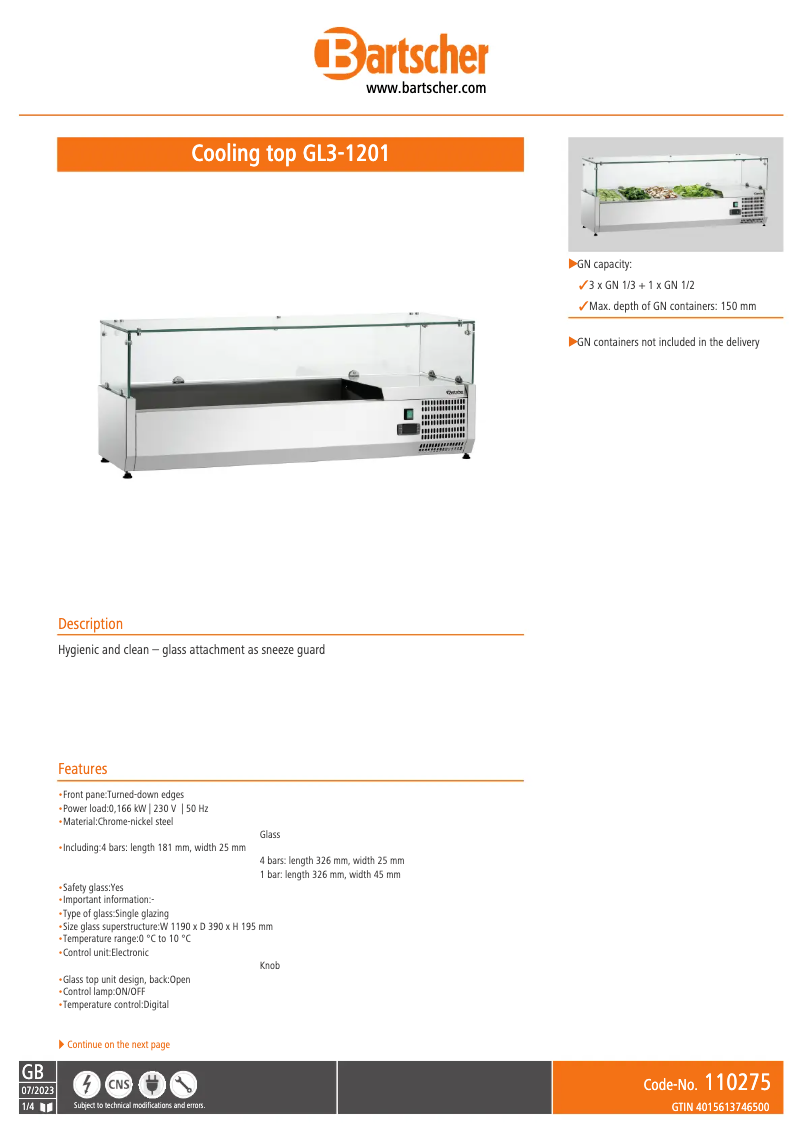 Page 1 of the manual Technical Sheet Bartscher GL3-1201