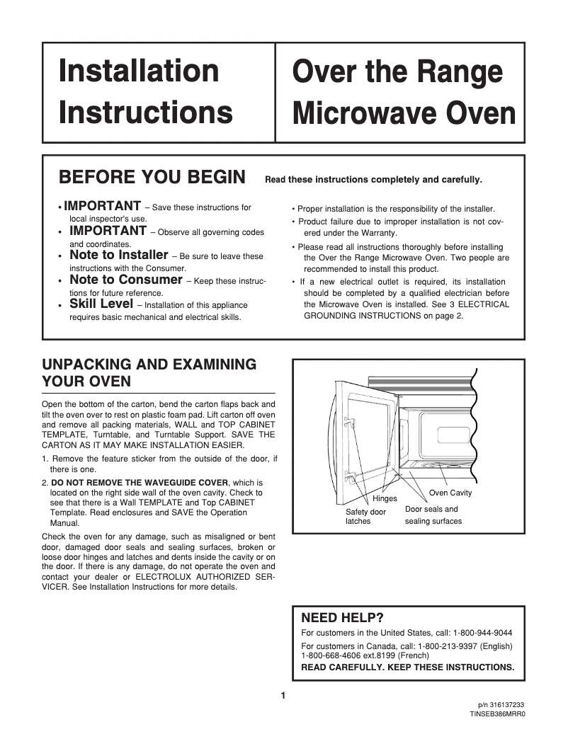Page n°1 - Guide d'installation Frigidaire FMV156DB