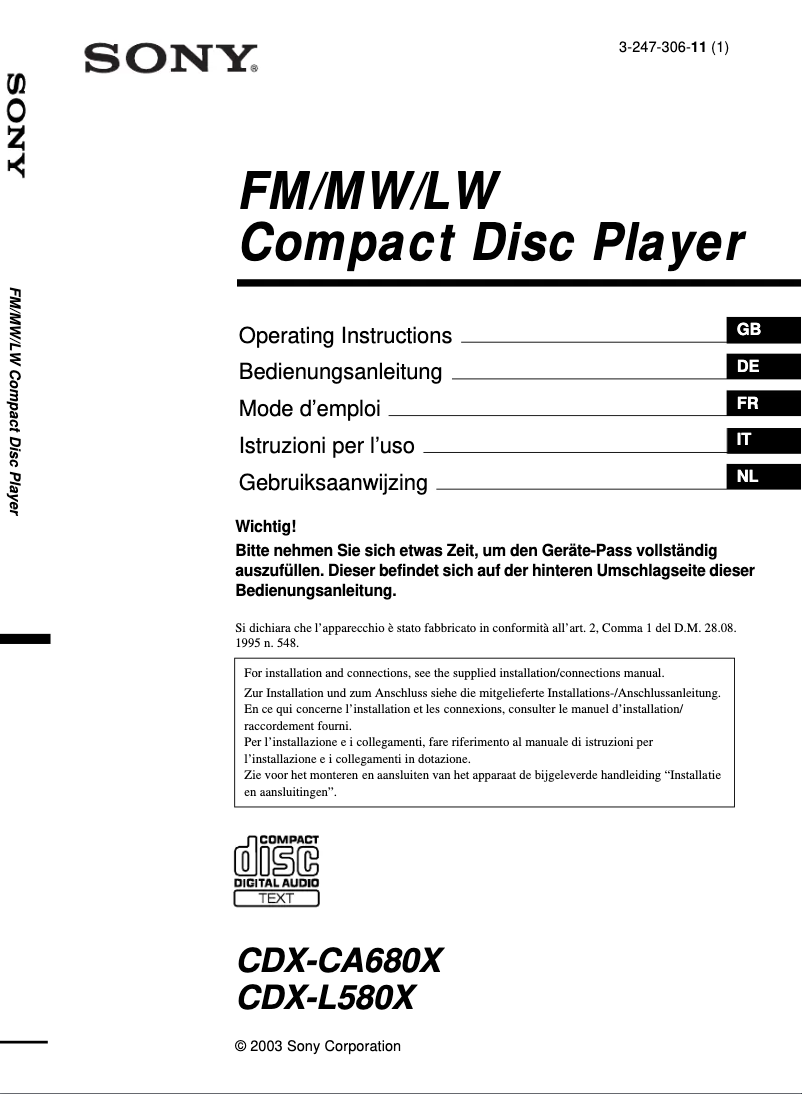 Page 1 de la notice Manuel utilisateur Sony CDX-CA680