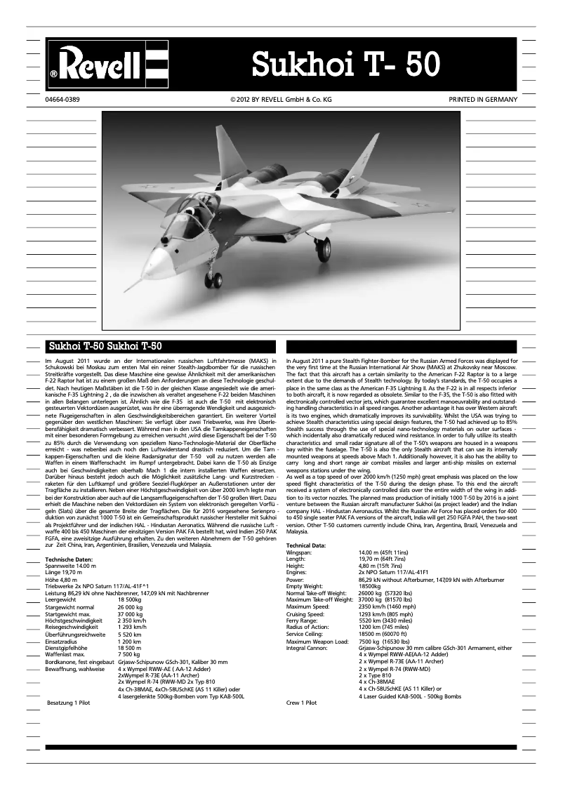 Page 1 de la notice Manuel utilisateur Revell Sukhoi T-50