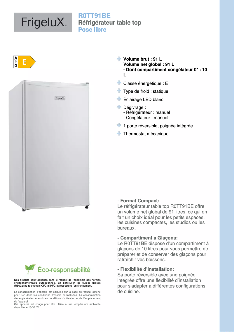 Page n°1 - Fiche technique FrigeluX R0TT91BE