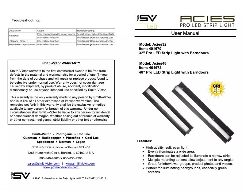 Page 1 de la notice Manuel utilisateur Smith-Victor Acies 32