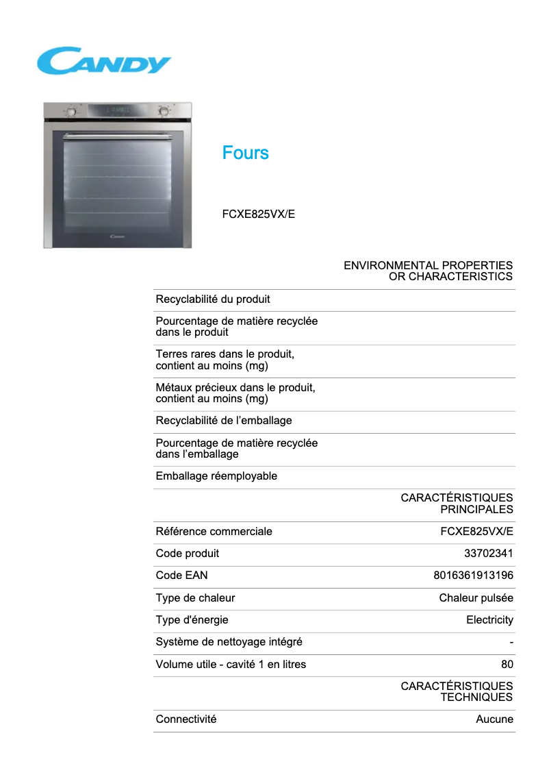 Page 1 de la notice Fiche technique Candy FCXE825VX/E