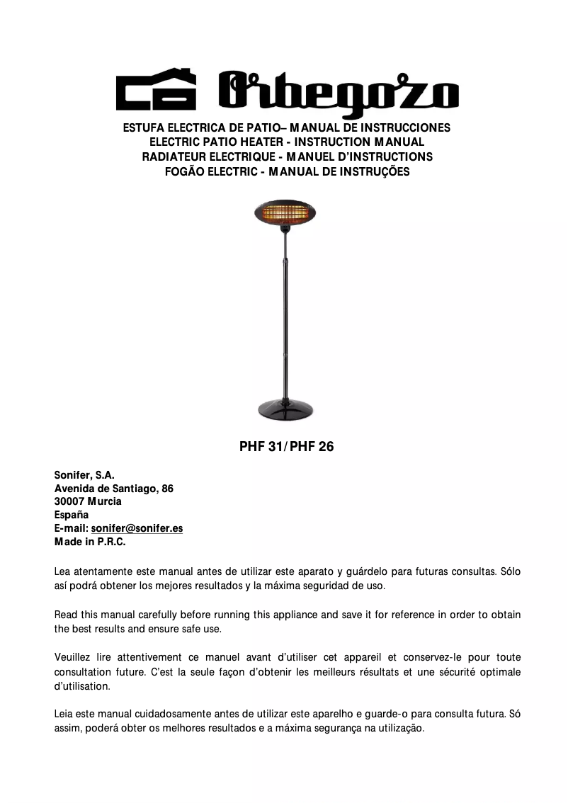 Page 1 de la notice Manuel utilisateur Orbegozo PHF 31