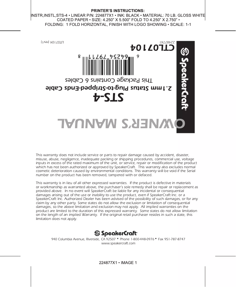 Page 1 de la notice Manuel utilisateur SpeakerCraft STS-4