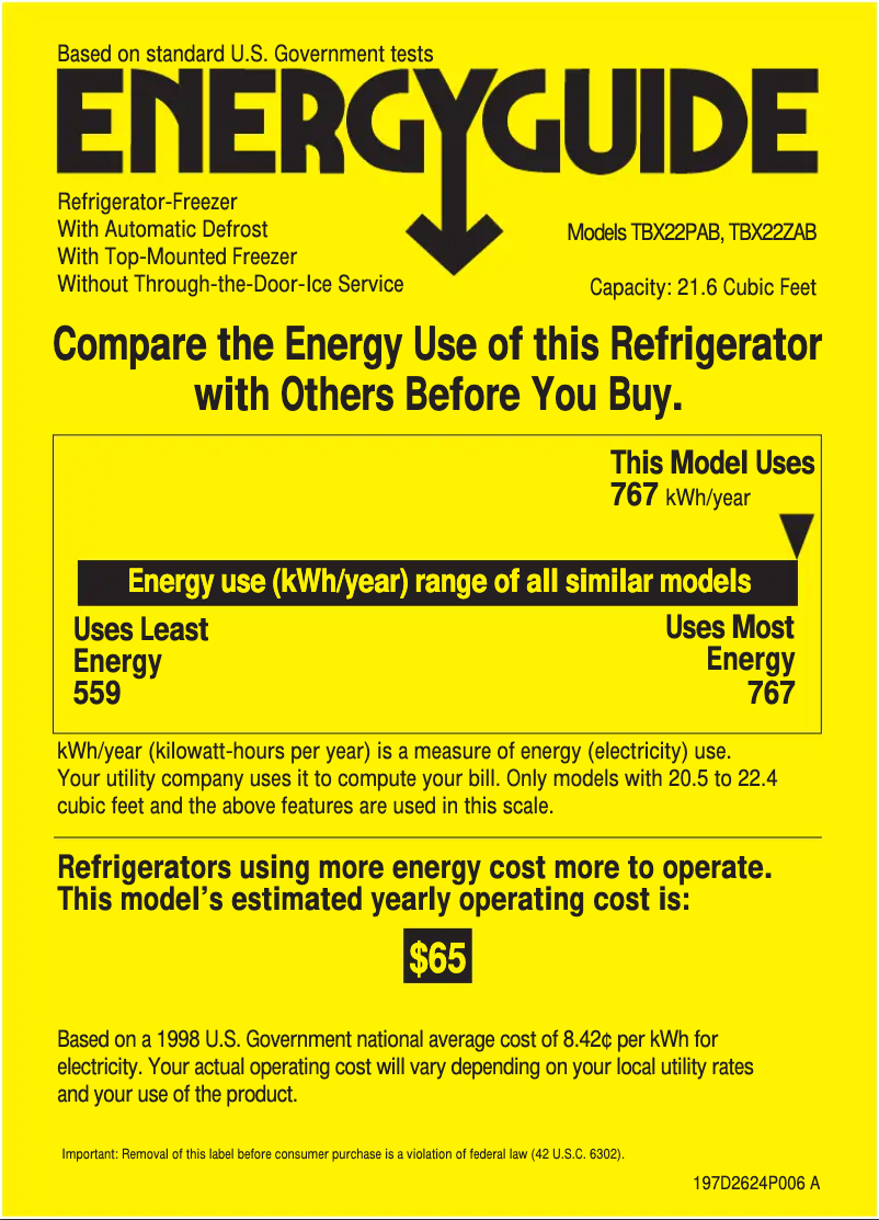 Page n°1 - Label énergétique GE TBX22ZABAA