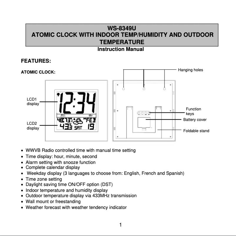 Page 1 de la notice Manuel utilisateur La Crosse Technology WS-8349U