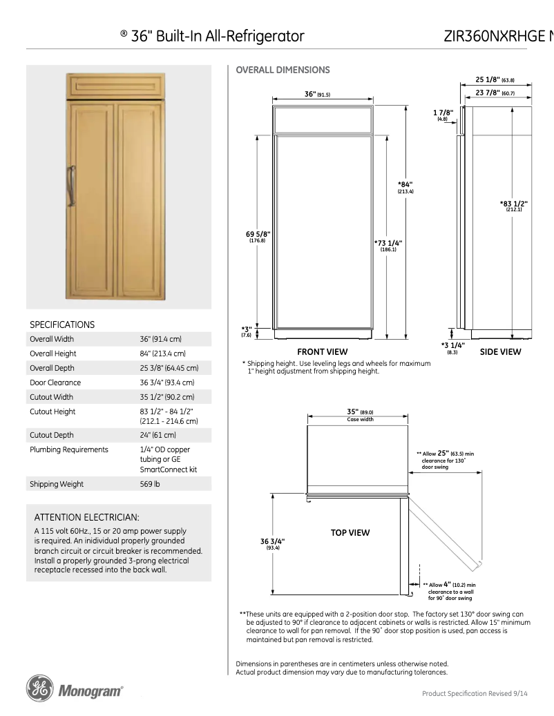 Page n°1 - Fiche technique GE ZIR360NXRH