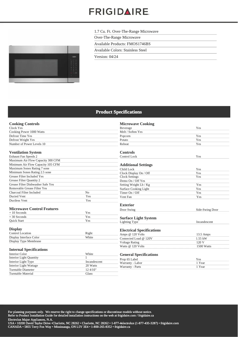Page n°1 - Fiche technique Frigidaire FMOS1746BS