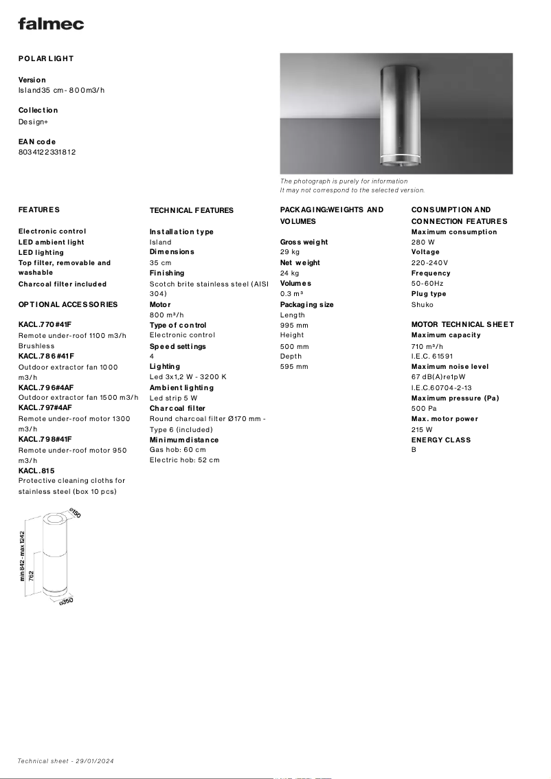 Page 1 de la notice Fiche technique Falmec Polar Light