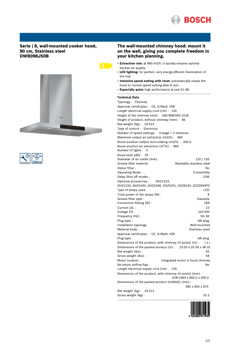 Page 1 de la notice Fiche technique Bosch DWB098J50B