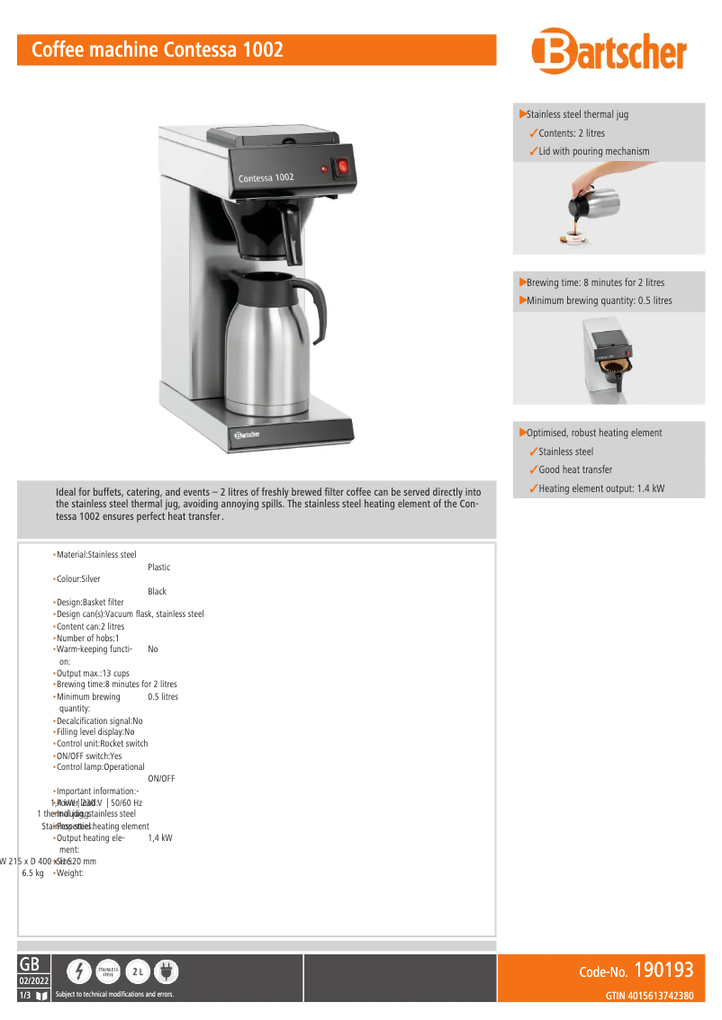 Page n°1 - Fiche technique Bartscher Contessa 1002