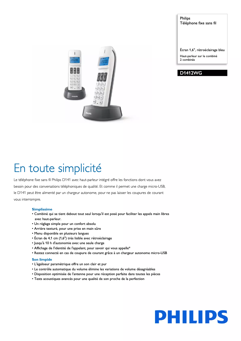 Página 1 del manual Ficha técnica Philips D1412WG