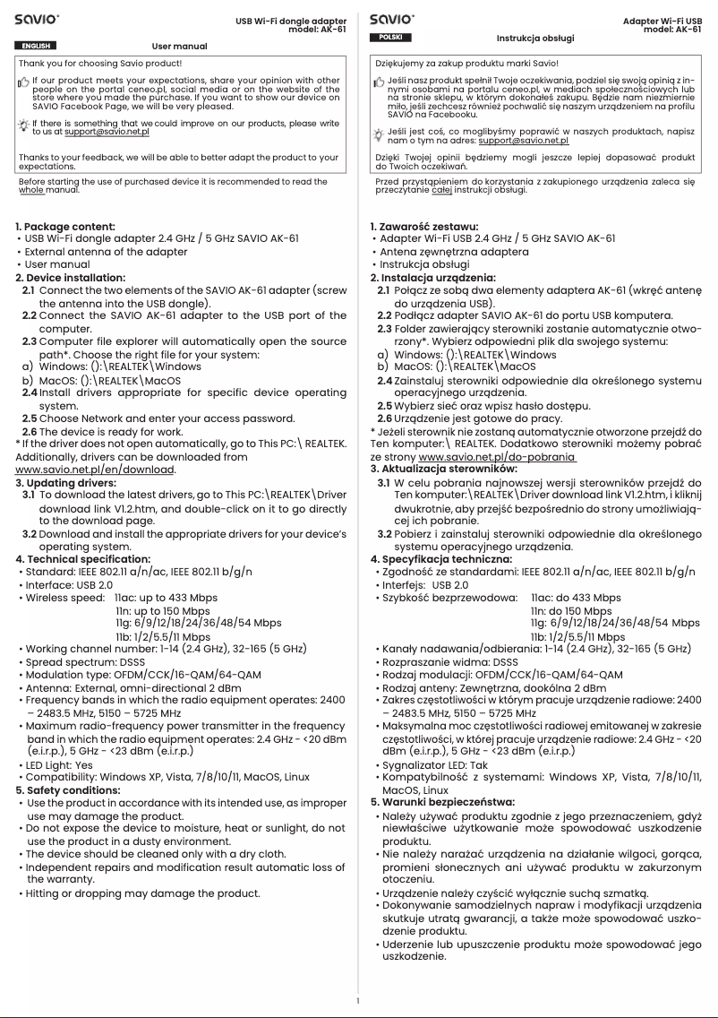 Page n°1 - Manuel utilisateur Savio AK-61