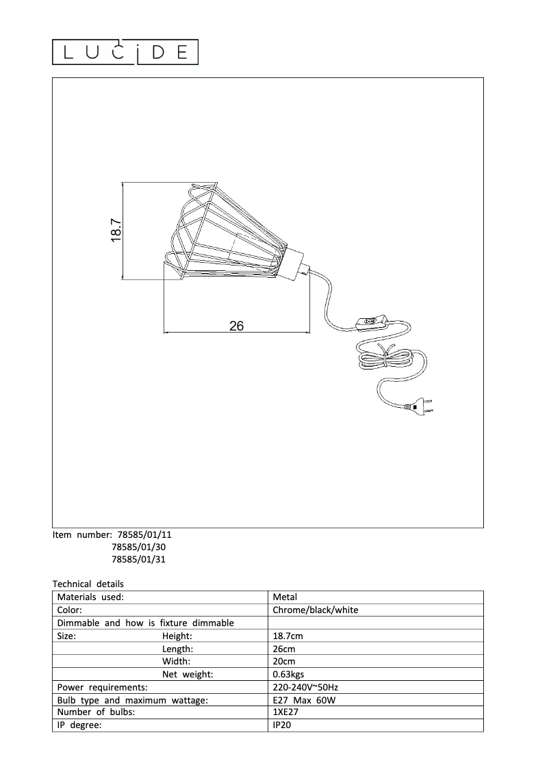 Page 1 de la notice Manuel utilisateur Lucide Kyara 78585/01/11