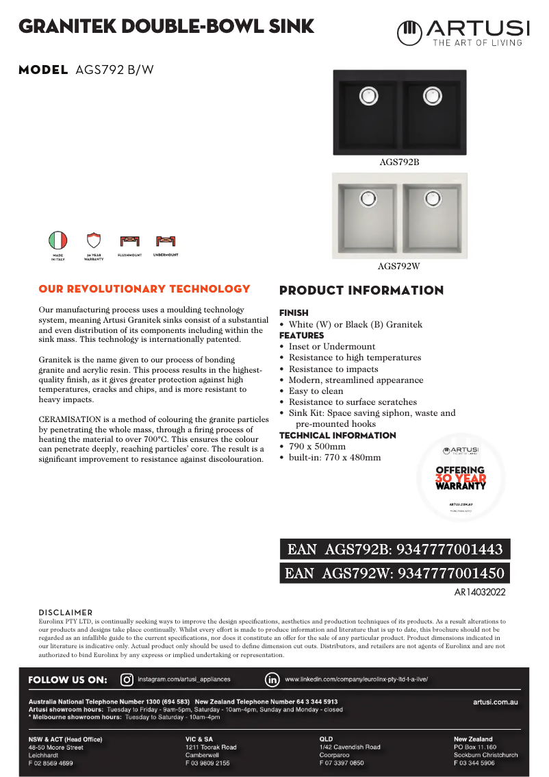 Page 1 de la notice Fiche technique Artusi AGS792W