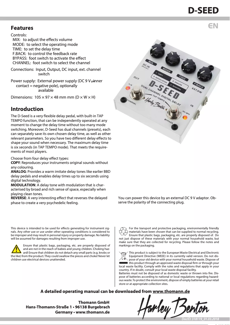 Page 1 de la notice Fiche technique Harley Benton D-SEED