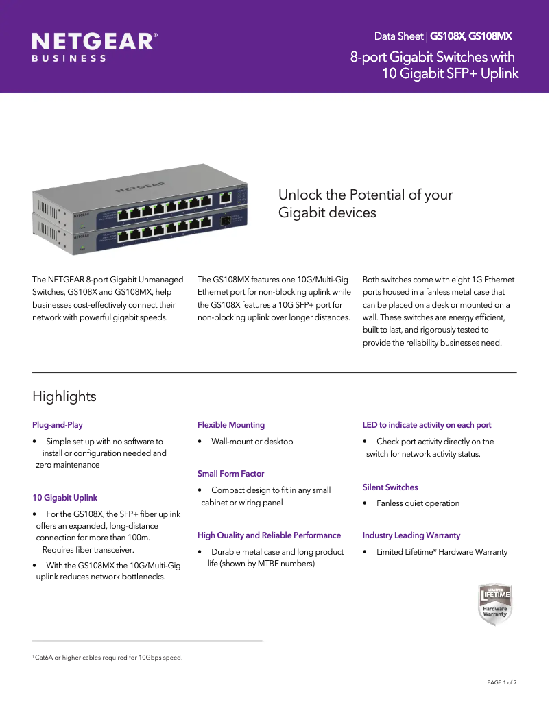 Page n°1 - Fiche technique Netgear GS108MX