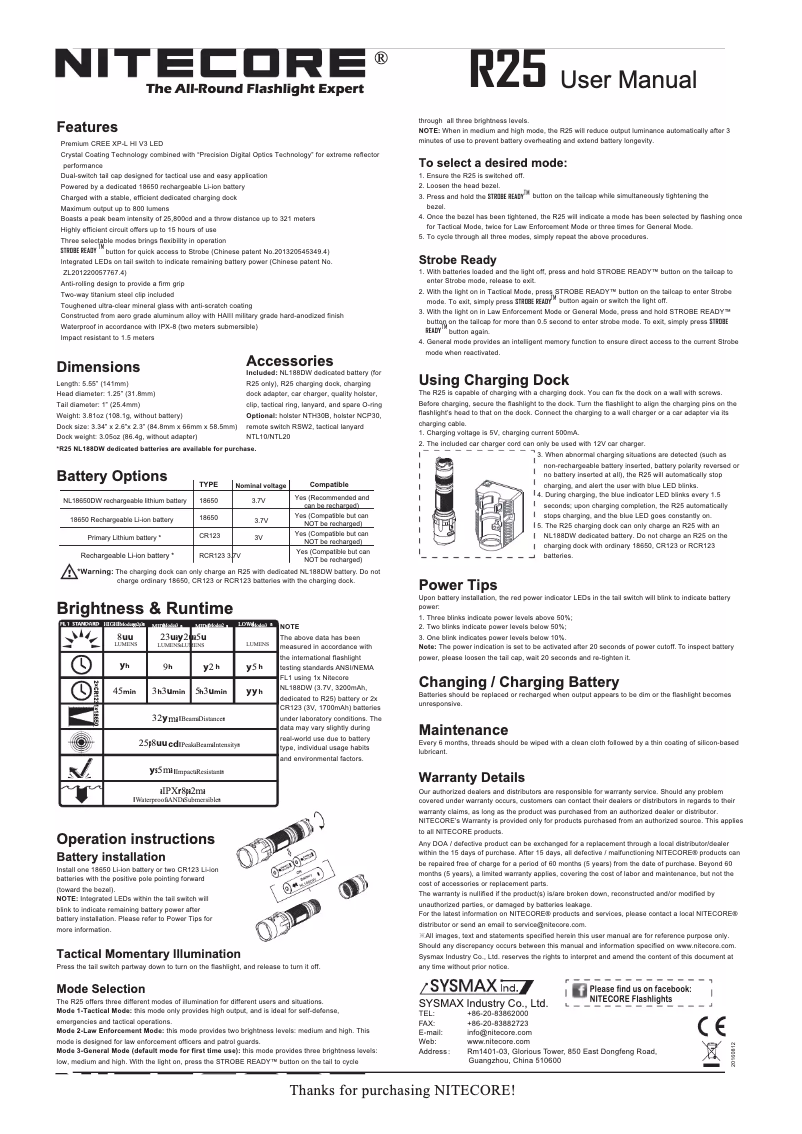 Page 1 de la notice Manuel utilisateur Nitecore R25