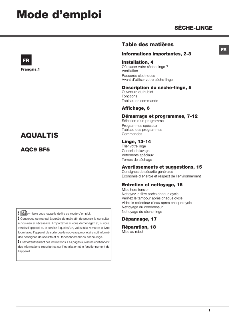 Page 1 de la notice Manuel utilisateur Hotpoint Ariston AQC9 BF5 T/Z1