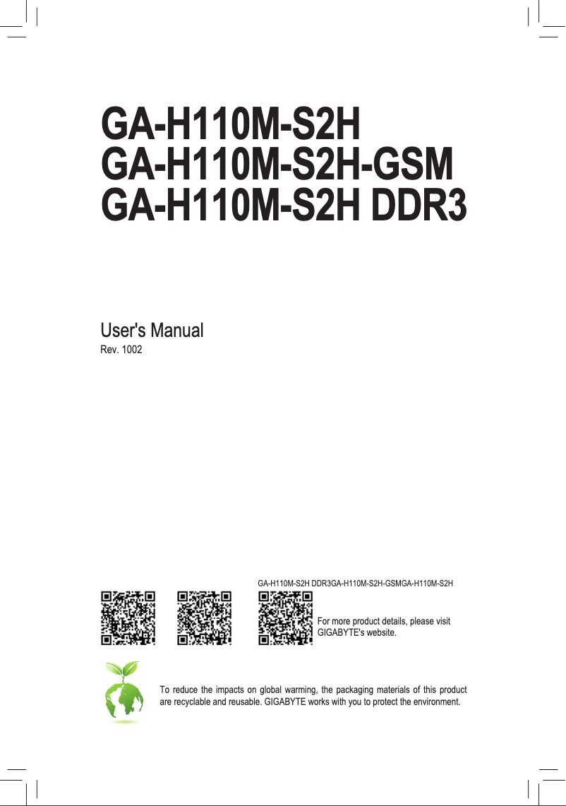 Page 1 de la notice Manuel utilisateur Gigabyte GA-H110M-S2H DDR3