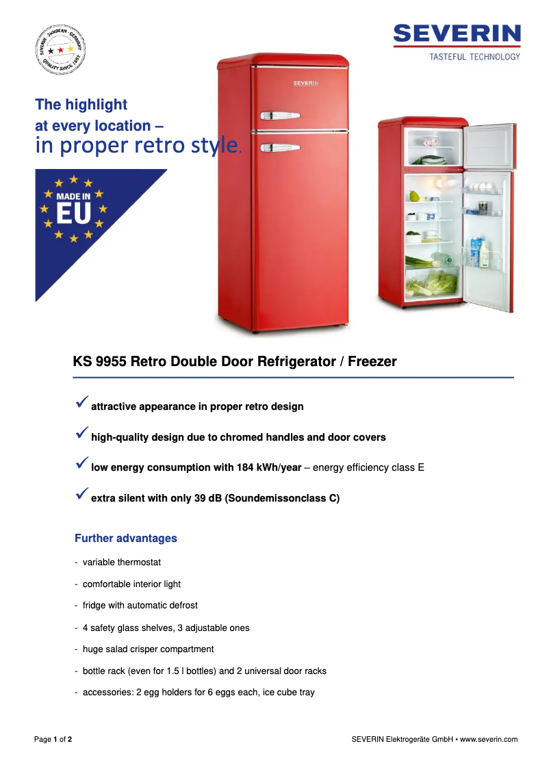 Página 1 del manual Ficha técnica Severin KS 9955