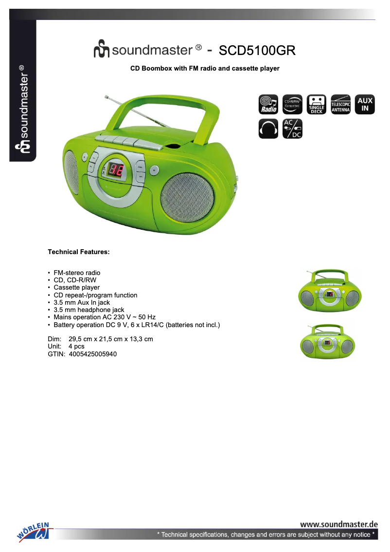 Page 1 de la notice Fiche technique Soundmaster SCD5100GR