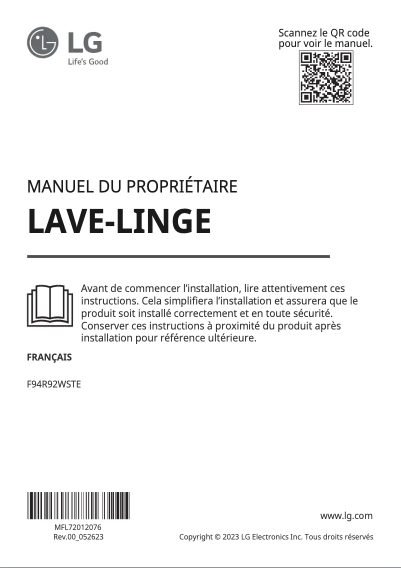 Page 1 de la notice Manuel utilisateur LG F94R92WSTE