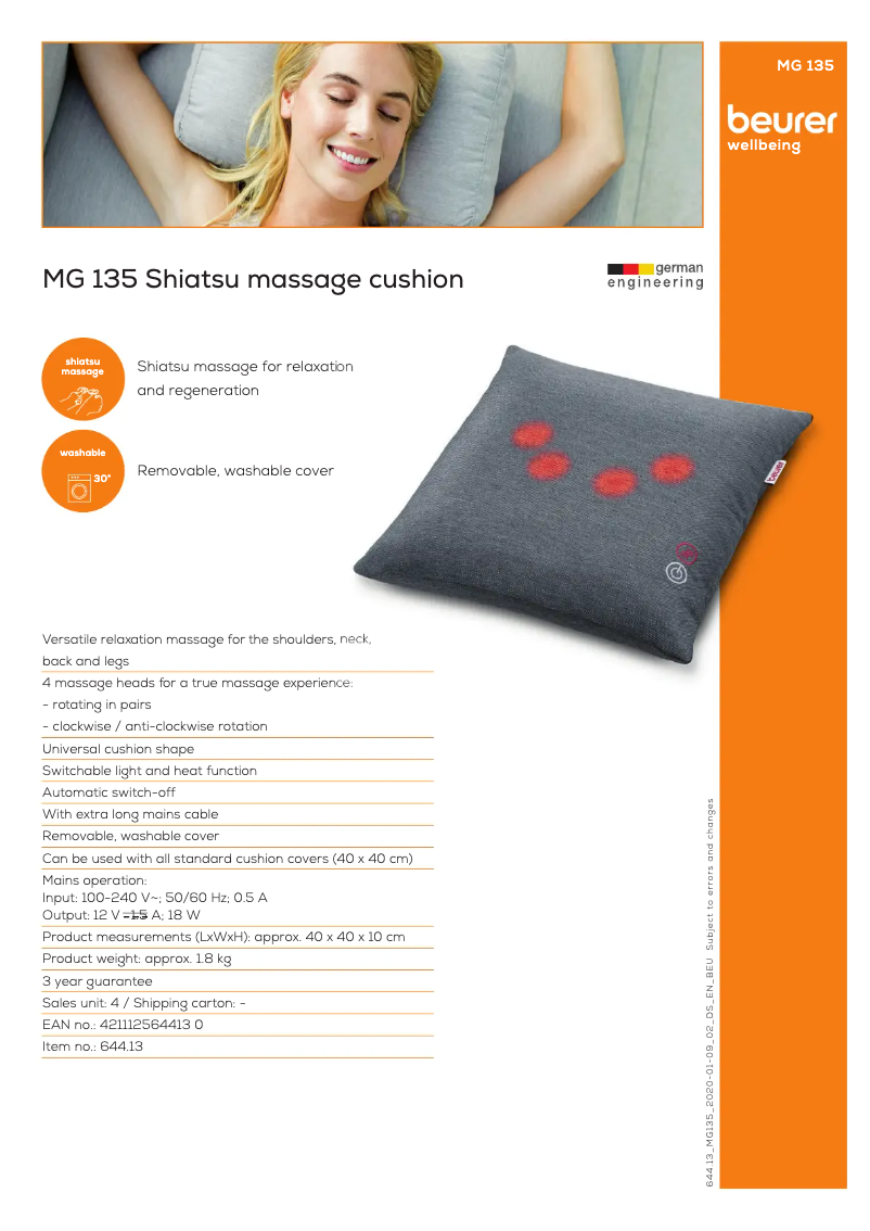 Page 1 de la notice Fiche technique Beurer MG 135