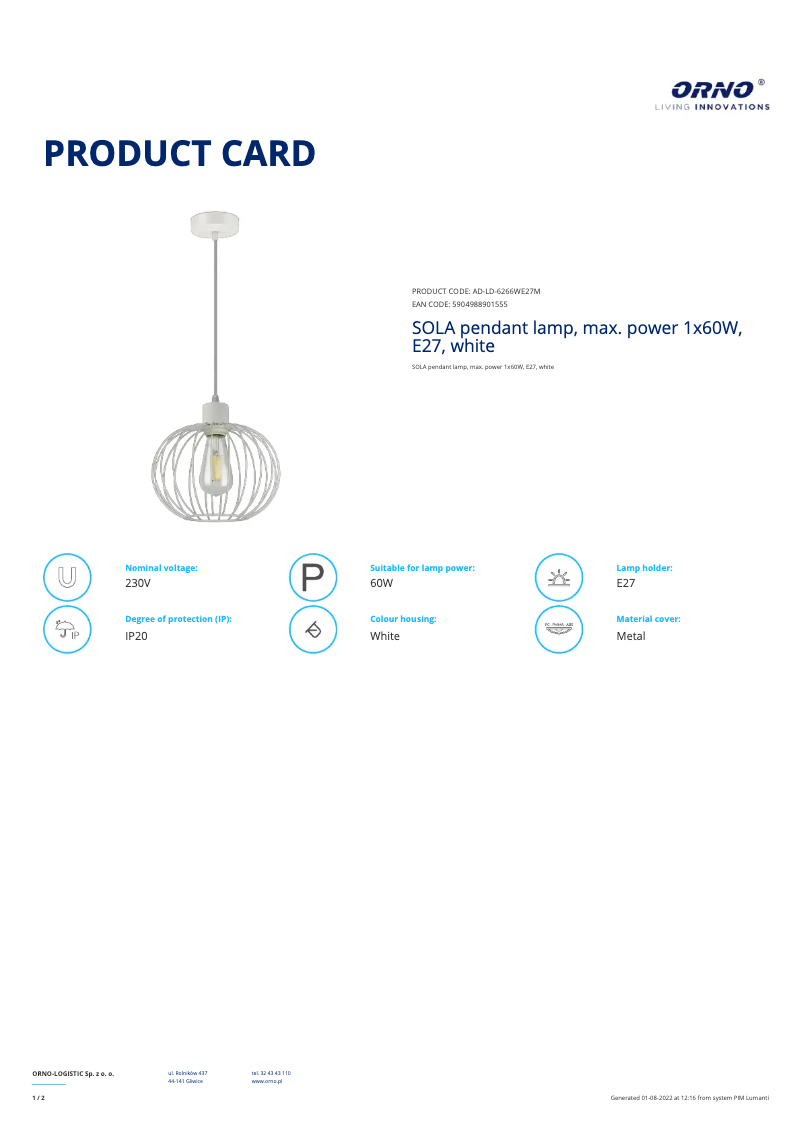 Page n°1 - Fiche technique Adviti AD-LD-6266WE27M