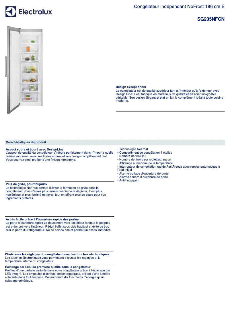 Page 1 de la notice Fiche technique Electrolux SG235NFCN