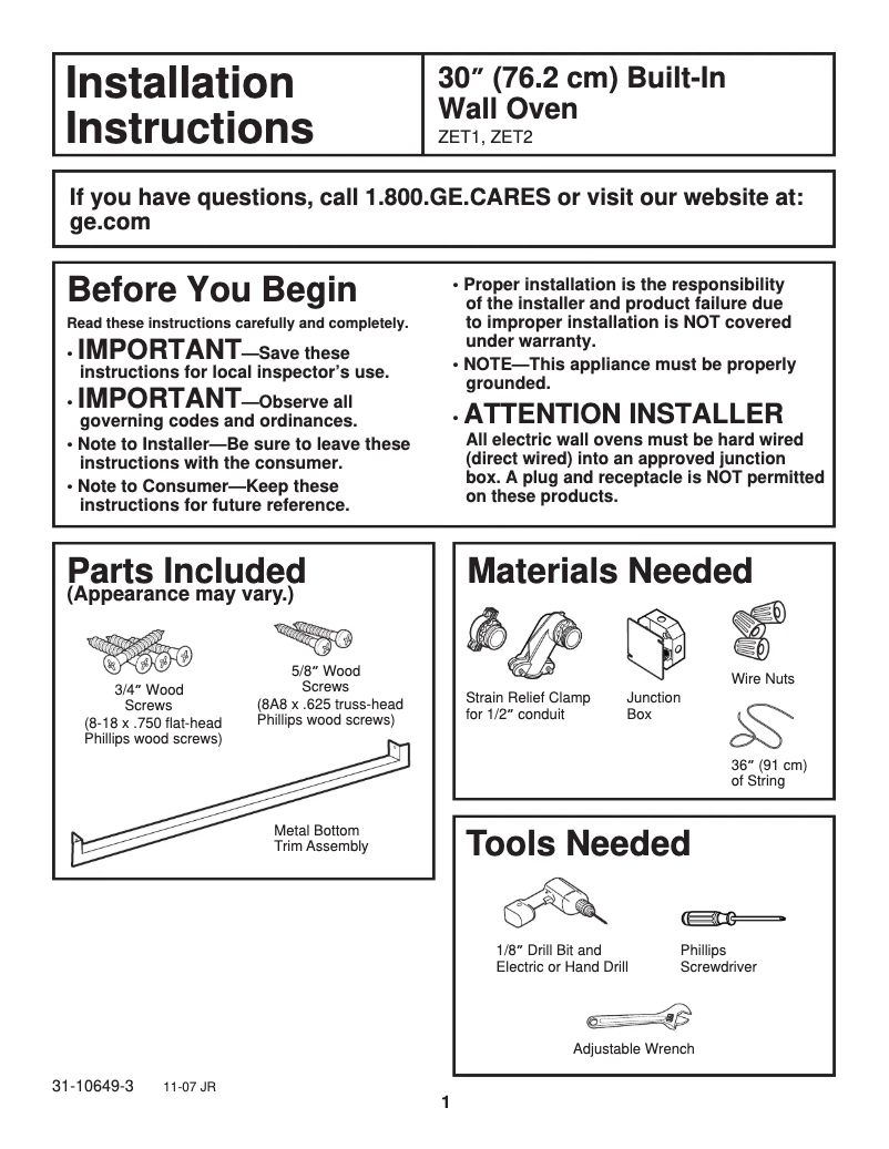 Page 1 de la notice Guide d'installation GE ZET1SLSS